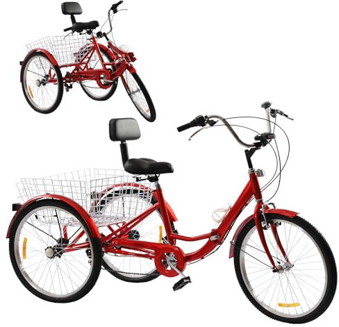 VonVVer Vikbar trehjuling för vuxna 24 tum 7 växlar – 3 hjul cykel justerbar höjd trehjuling med inköpskorg upp till 120 kg lastkapacitet Trike Bike cykling och äldre (röd)