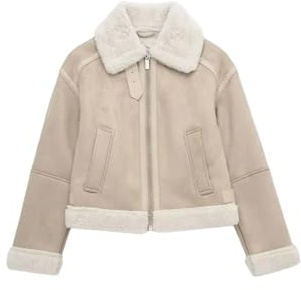 Hndudnff - Giacca da donna invernale in shearling, con maniche lunghe, chiusura frontale a cerniera, stile retrò, Beige, S