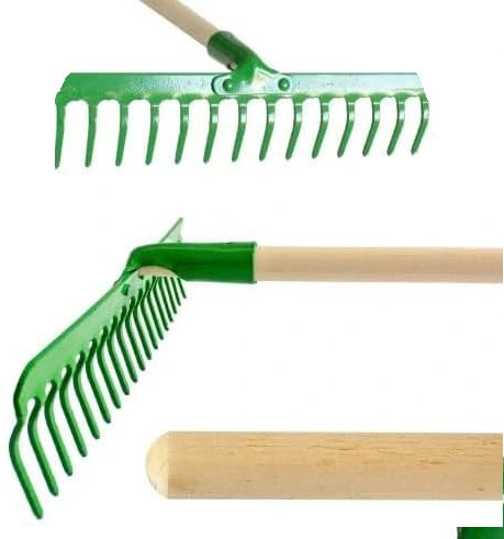 Garden Rake with 14 Tines, Carbon Steel with Wooden Grip, Leaf Rake for Soil and Leaf Collection, Durable Garden Tool