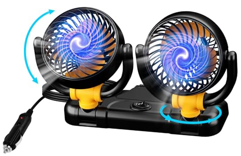 Exsivemy Auto Ventilator, 360 ° Drehbarer Doppelköpfiger Ventilator, 2 Geschwindigkeiten Doppellüfter, Autolüfter, Auto Kfz Lüfter für LKW Van SUV RV (gelb)