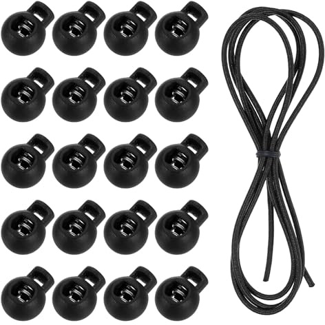 sourcing map Kordelstopper mit einem Loch, 99 cm, elastischer Gummiseil, Kunststoff-Federknebelstopper mit Stretchschnur für Schnürsenkel, Kordelzug, Paracord, Schwarz, 20 Stück