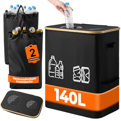 Ostyel Récipient de collecte pour bouteilles consignées - 140 l - 2 compartiments - Grand récipient vide avec poche latérale - Pliable et amovible pour le nettoyage