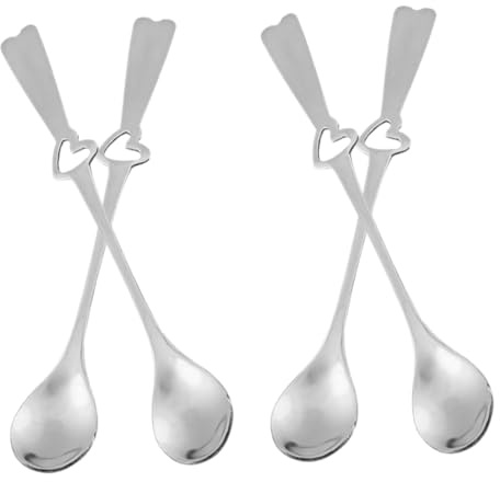Cuillère à Glace Cœur en Acier Inoxydable 4 Pièces Argenté | Poignée Lisse, Mélange du Café et Yaourt, Finition Polie, Forme Ronde et Délicate