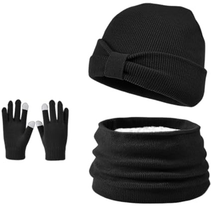 Ensemble Bonnet Echarpe Gants 3 en 1 Bonnet en Tricot Doublé de Laine Polaire à Nœud avec écharpe en Tricot Torsadé Gants à écran Tactile pour enfants âgés de 3 à 8 ans (Noir)