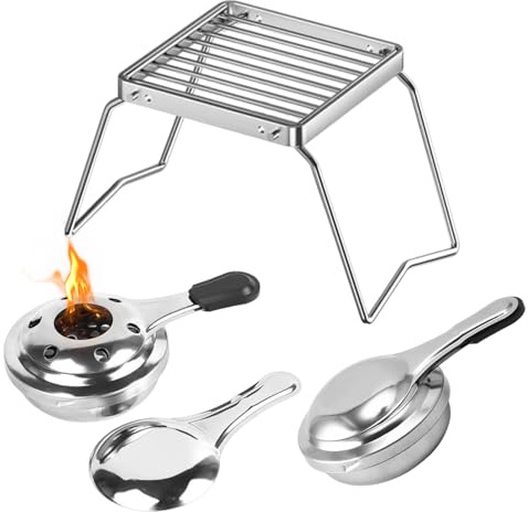 Zyiphor 2 Piezas Quemador de Alcohol Mini Estufa de Alcohol Portátil Fondue Queso de Acero Inoxidable con 1 Rejillas Parrilla Plegables ara Exterior Camping Calentamiento de Alimentos Olla Caliente
