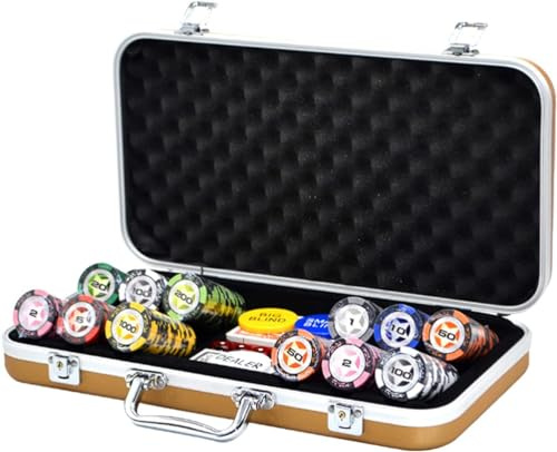 Juego de 300 fichas de póker, fichas de Arcilla compuesta de 14 Gramos con Estuche de Aluminio y botón de crupier for póker, Texas Hold'em y Blackjack.