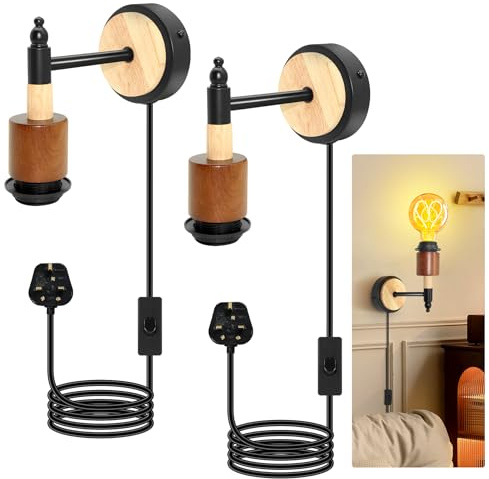 ZRLXFM 2PCS DIY Vintage Wall Sconce Fixtures for Indoor Bedside, 2.2m Cable, Plug in Wall Lights for Bedroom, 360° Rotatable E27 Lamp Holder with Switch