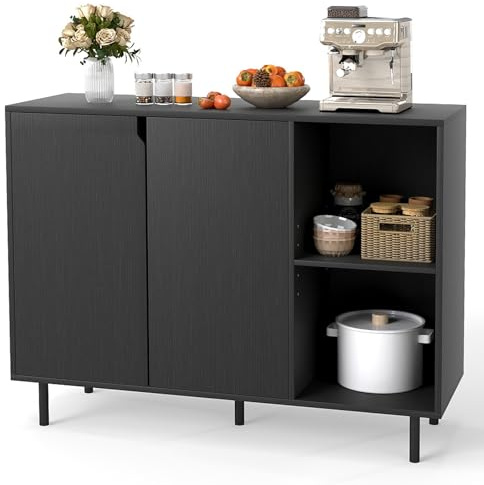 COSTWAY Sideboard Holz, Kommode mit 4 Fächern & 2 Türen, Schwarz | Buffetschrank mit verstellbaren Ablagen, Schrank modern, Küchenschrank Anrichteschrank , 106 x 38 x 80 cm