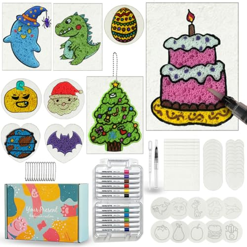GlowsLand Magique Puffy Paint Kit (64 Pièces) Eponge de Dessin 3D | 40 Feuilles Papier Texturé Et, 12 Stylos de Couleur à L'eau Pour des Créations DIY Originales, Peinture Magique pour Enfant