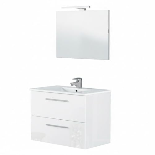 Bricozone Mobile Bagno Sospeso 80 Cm Con Lavabo In Ceramica Specchio E Led Da 30 Cm Bianco 2 Cassetti Chiusura Assistita Per Bagno Contemporaneo (Mobile Lavabo e Specchio con Led da 30 Cm)