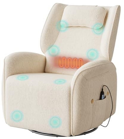WOLTU Sillón Reclinable, Sillón de Masaje con Calefacción en Zona Lumbar, Reposacabezas, Bolsillos, Puerto USB, Sofá Relax Giratorio Tapizado en Chenilla, Capacidad de Carga 150 kg, Beige