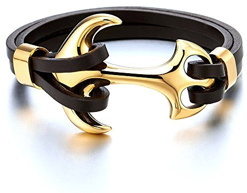 COOLSTEELANDBEYOND Grande Acero Inoxidable Color Oro Pulsera del Ancla Hombre, Pulsera Marrón Cuero Genuino