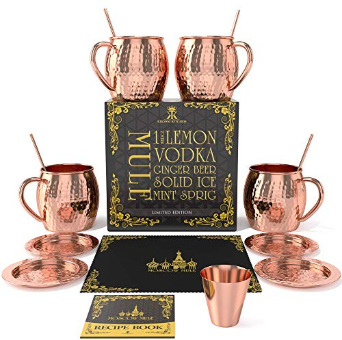 Krown Kitchen - Hammered Moscow Mule Copper Mugs 100% Solid Copper | 16 oz