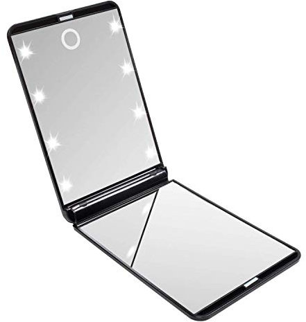 Taschenspiegel, Kompaktspiegel mit Dimmbares LED Licht, Reisespiegel mit 8 LED-Leuchten, Handtaschenspiegel mit 1×/2× Vergrößerung, klappbarer LED-Kosmetikspiegel