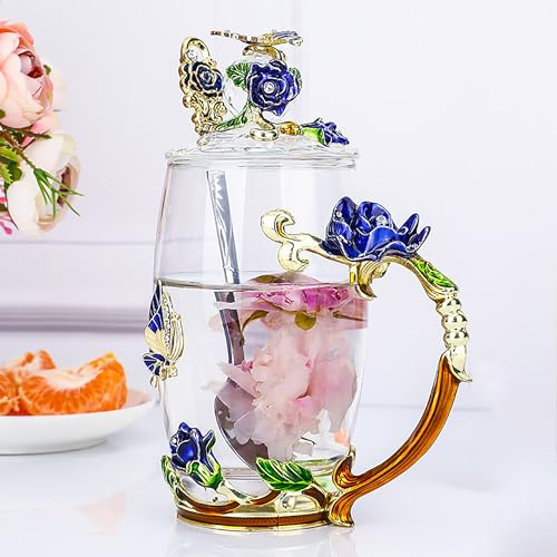 YUEMING Emaille Kaffee Tee Tasse,3D Rose Schmetterling Glas Tassen,mit Löffel,Hochzeitsgeschenk Kaffeetasse,Teetasse,Wassertasse(（Blau+350ml）)