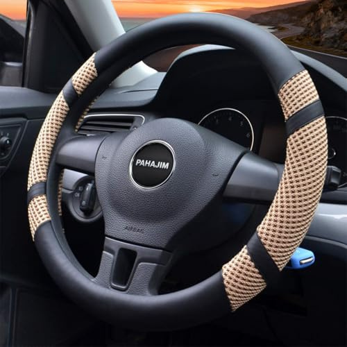 Lifetooler Auto Lenkradbezug Leder Ice Silk Universal 38cm(15) Lenkradhülle Atmungsaktiver Anti Rutsch Steering Wheel Cover für Auto Van Truck SUV (beige)