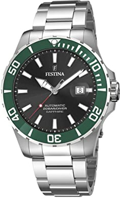 Festina Montre Homme Automatique en Acier Inoxydable 316L Argenté Montre Analogique Homme - Calendrier - Verre Saphir Haute Résistance - Étanche 20 ATM F20531/2