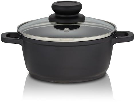 KHG Topf Kochtopf 16 cm Induktion Antihaftbeschichtung Soßentopf Fleischtopf 1,25 Liter | Schwarz Aluminium mit Glasdeckel | Stabile Griffe aus einem Guss | für alle Herdarten geeignet