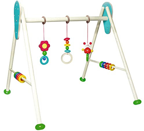 Hess Holzspielzeug 20030 - Spielgerät aus Holz, Serie Käfer Tom, für Babys, handgefertigter Spiel-Bogen mit farbenfrohen Figuren und Rasseln, ca. 62 x 57 x 54,5 cm groß