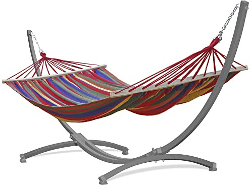 Potenza Outdoor Hängematte mit Gestell für 2 Personen I Stabhängematte XXL 220x160, 200kg I Hängemattengestell 220kg Wetterfest (Rot, Gestell Grau)