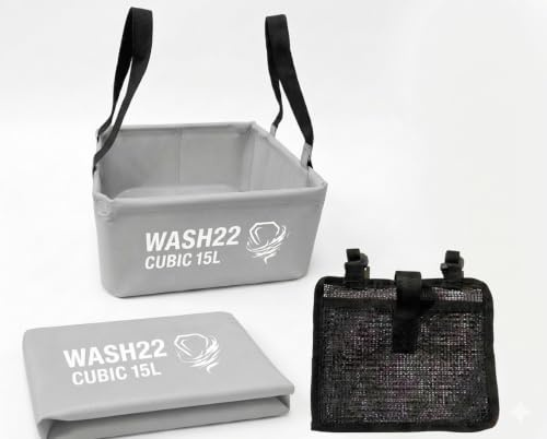 WASH22 15L Collapsible Camping Washing Up Bowl with Mesh Bag - Grey | Wash basin bucket for campervan, caravan & camping. Folds flat. Stable sides. Mesh bag clips on for sponge and bottle.