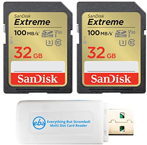 SanDisk Extreme - Paquete de 2 tarjetas de memoria SD de 32 GB funciona con cámara digital, computadora y cámaras Trail (SDSDXVT-032G-GNCIN) paquete con todo menos Stromboli lector de tarjetas micro y