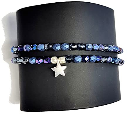 Perlenarmband blau einfarbig Armband aus Perlen verschiedene Blautöne schimmernde Glasperlen 4mm und versilberter Stern individuelle Geschenke mit Liebe