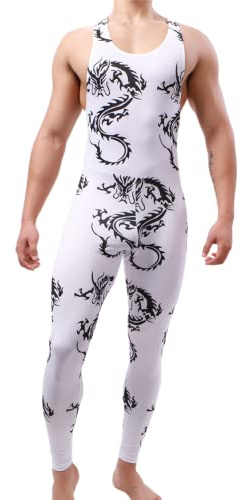Juflam Herren Mode Gedruckt Ein Stück Bodysuit Wrestling Singlet Athletische Leotard Gym Sportswear Undershirt Vest Top (weiß, L)