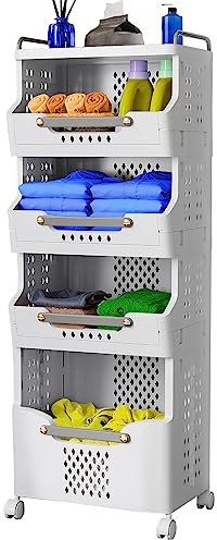 pupustar Laundry Basket with Wheels,Rolling Folding Laundry Hamper,utility cart,Kitchen storage Cart,Stackable Storage Bins Open Front,Dirty Clothes Hamper,Plastic laundry room organization