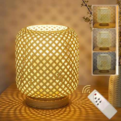 Klighten Led Lámpara De Mesa Bambú Ratán Natural Interior Regulable Recargable, 3000K-6000K Luces De Mesa, Sin Cable a Pilas Con Mando a Distancia, Para Dormitorio Salón, 5500mah, 7W, Con Bombilla E27