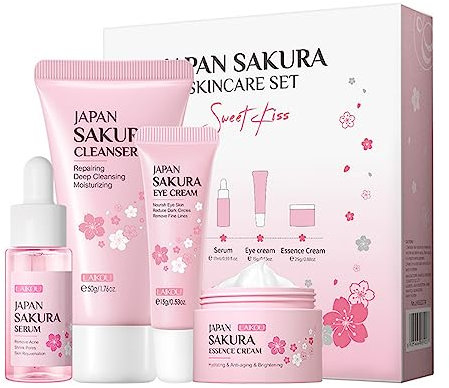 Skin Daily Skincare Set Gentle Skin Cleaning & Care Teenage Girls and Women Gift Set Includes Cleanser Serum Essence Eye Cream (4PCS)