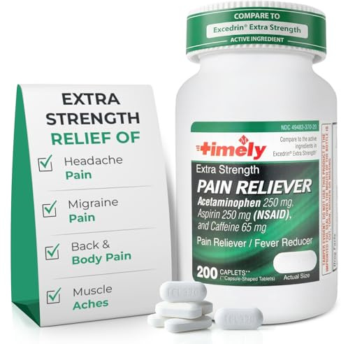 TIME-Cap Labs Extra Strength Acetaminophen 250mg with Aspirin 250mg & Caffeine 65mg Caplets - Triple Action Pain Reliever for Migraines & Headache Relief, Muscle Aches & Body Pain (200 Count)