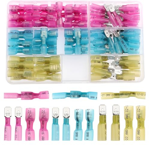 YIXISI 100 Stücke Schrumpf Draht Stecker Set, Schrumpfschlauch Steckverbinder, Elektrische Crimpverbinder, Kabelschuhe Flachsteckhülsen Sortiment, 22-10 AWG