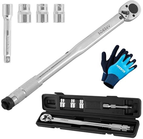 Arebos Juego de Llaves Dinamométricas 6 Piezas | 40-210 Nm 1/2'' | Incluye Llaves de Vaso 17, 19 y 21 mm, Prolongación, Guantes y Maletín | Tolerancia ±4% | Llave para Neumáticos de Coche