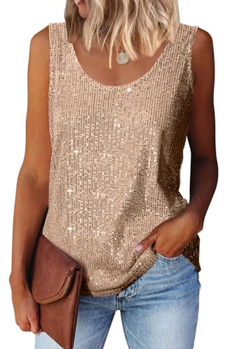 MLEBR Womens Tanks Summer Fashion 2025 Sequin Blouses Scoop Neck Sequin Sparkle Glitter Tops Sleeveless Tanks Tops Shirts Gold L