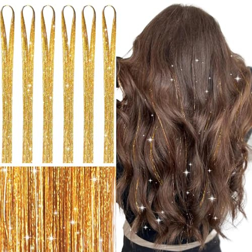 WENNALIFE Hair Tinsel, Glitzer Haarsträhnen für Party Festival Mädchen | 120cm 6 Stück Haar Lametta 1200 Glitzersträhnen für Haare. #Gold. Leicht, Gerade, Knitterfrei.