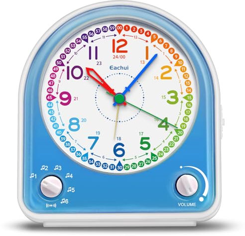 Eachui Analog Wecker ohne Ticken mit Schlummerfunktion, Nachtlicht, Einstellbarer Lautstärke und 7 Alarmtöne, Kinder Geschenk Wecker Geräuschlos für Jungen Mädchen (Blau)