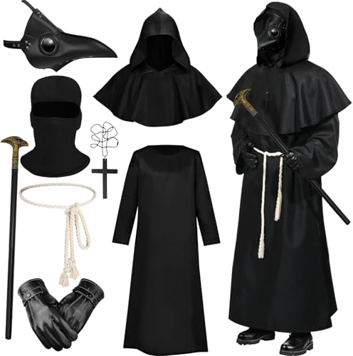 Costume da medico della peste, per adulti, maschera in pelle con mantello nero, set completo per Halloween, guanti, cintura, croce, collana, scettro, steampunk, per uomini e donne, cosplay, feste, set