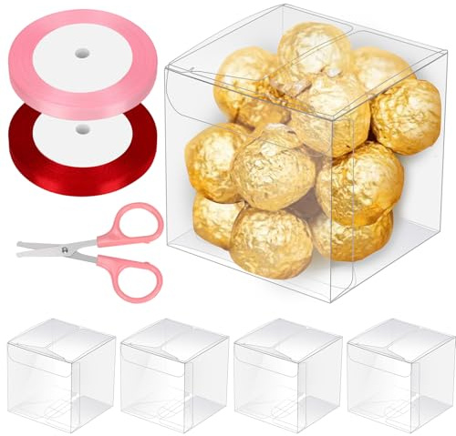 Glarks Set di 33 scatole regalo trasparenti in plastica trasparente, con nastri e forbici da 1 x 22,6 m, per matrimoni, baby shower, feste di compleanno