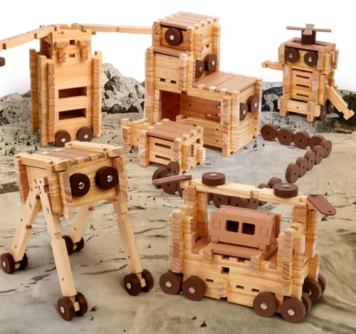Jovi-mindly Treno in Blocchi di Legno - Set da 101 Pezzi per Creare 40+ Forme, Giocattoli Educativi Puzzle di Costruzione in Legno per Bambini 5-8 Anni Maschi e Femmine, Camion/Escavatore, Certificato