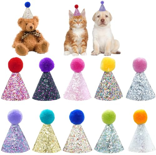 BIPY Mini-Partyhüte für Teddybären und Spielzeugtiere, verstellbare kleine Partyhüte mit elastischem Knebel für Stofftiere, kleine Hunde und Katzen, Geburtstagsparty-Zubehör, Bommel-Top, 10 Stück