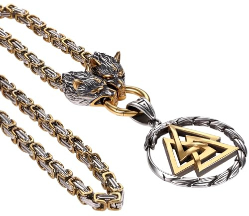 Oidea Collier viking pour homme : pendentif vintage Ouroboros serpent valknut runes avec tête de loup byzantine chaîne royale amulette nordique bijoux cadeaux chaîne 61 cm, Acier inoxydable, Pas de