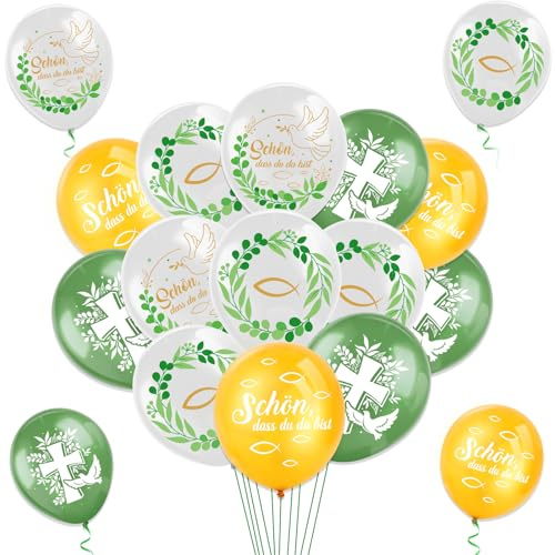 HOWAF 24 Luftballons Kommunion Deko, Schön dass du da bist Luftballons Konfirmation Eucalyptus Fische Ballon für Erstkommunion, Kommunion, Taufe, Konfirmation Deko