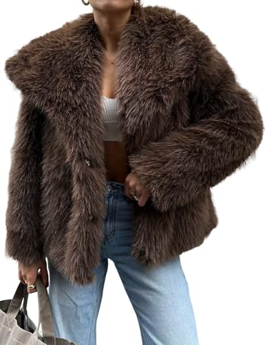 Yimoon Women's Cropped Faux Fur Coat Lapel Open Front Shaggy Furry Jacket 2024 Winter Warm Fluffy Overcoat(Coffee-Large)