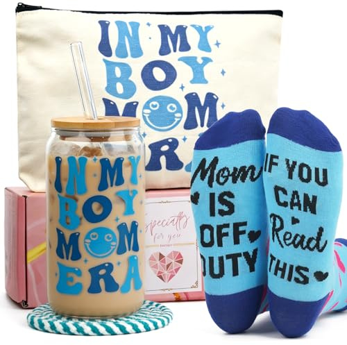 ANOTION in My Boy Mom Era Glass Cup, 18oz/532ml Cute New Mom Gifts, Iced Coffee Glass Cups with Lids Straws Thank You Gift Boy Mother Gift Box Set