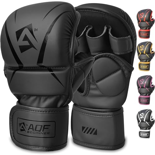 AQF Hybrid MMA Gloves for Sparring & Grappling, Open Palm Shooter Design, Enhanced Wrist Support, Shock-Absorbing Padding, Lightweight and Durable for Training, Kickboxing, Muay Thai (Black, S/M)