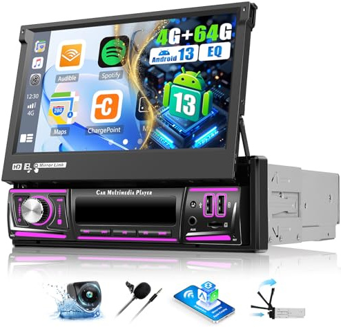 OiLiehu 4G+64G Android 13 Autoradio 1 Din avec CarPlay Android Auto sans Fil, 7“ Rétractable Manuellement Écran Tactile avec GPS WiFi Lien Miroir Bluetooth FM/RDS EQ USB AUX TF SWC Caméra Arrière
