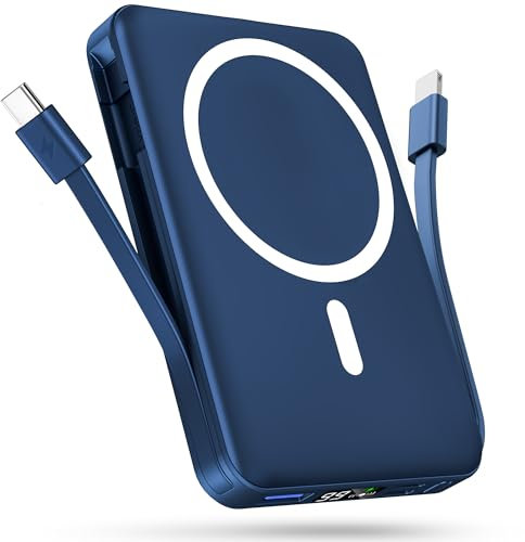 Podoru for Magsafe Power Bank,Portable Charger 10000mAh with Cable PD 20W Mini Fast Charge with LED Display Mag-Safe Battery Pack for iPhone 17/16/15/14/13/12 All Series-Navy Blue