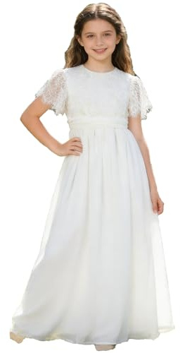 Aibaowedding Mädchen Vintage Chiffon Rüschen Ärmel A-Linie Hochzeit Party Maxi Junior Brautjungfer Blumenmädchen Kleid für Kinder (Weiß,6-7 Jahre)