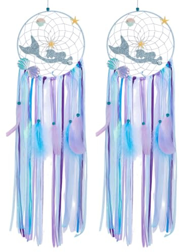 WEBEEDY 2 Pezzo Cattura Sogni Sirena Da Appendere alla Parete Grande Cattura Sogni Fatto A Mano con Piume Colorate Nastro e Un Tema Oceanico Sirena per la Decorazione della Camera D'Estate Casa